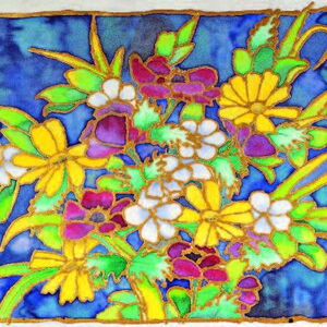 Immagine di un dipinto su seta raffigurante un bouquet di fiori gialli, viola e bianchi tendenti al blu su uno sfondo blu scuro.