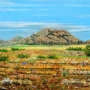 Une peinture à l'huile représentant un ciel bleu, un paysage rocheux et, au premier plan, un paysage fleuri et coloré.