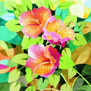 Una pianta di ibisco dipinta ad acquerello con 3 fiori di ibisco rosa davanti a una parete di foglie in diverse tonalità di verde.