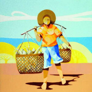 Un venditore di pesce dipinto in modo astratto con un cappello, una maglia arancione, pantaloni corti blu, il viso non è stato dipinto, ha due cesti pieni di pesce appesi alle spalle su un bastone. Il pescatore si muove verso lo spettatore.